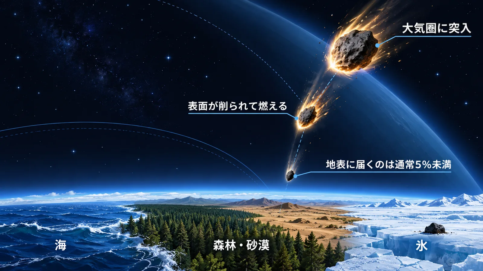 大気圏で小さくなりながら落ちる石と、海・森林・砂漠・氷という落下先を示した図