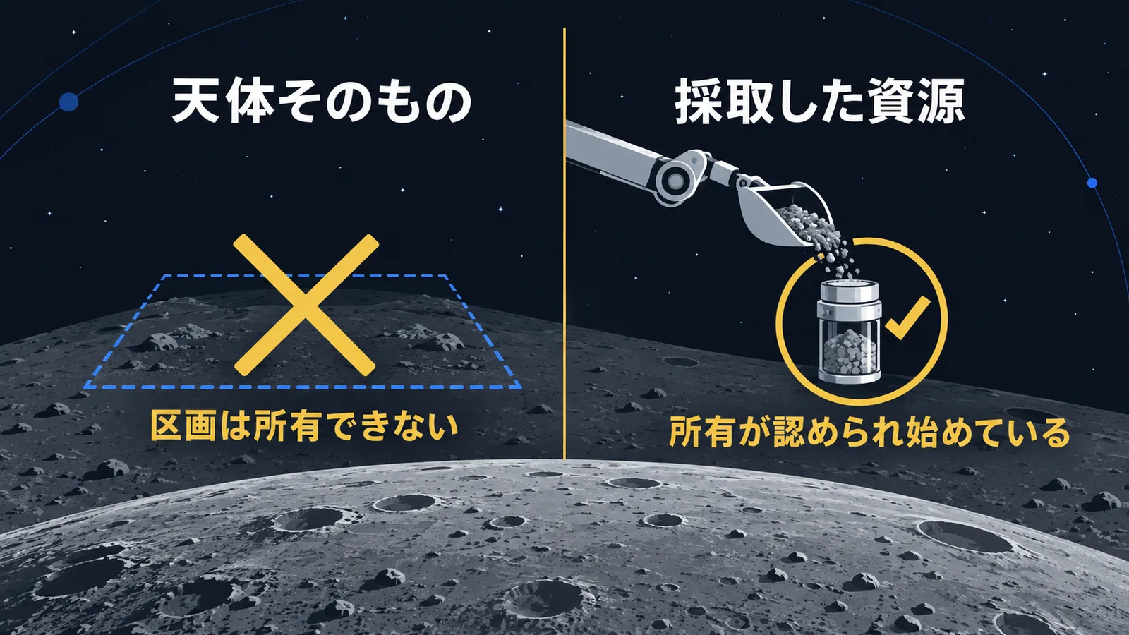 月の区画は所有できず、採取した資源については所有が認められ始めていることを対比した図解
