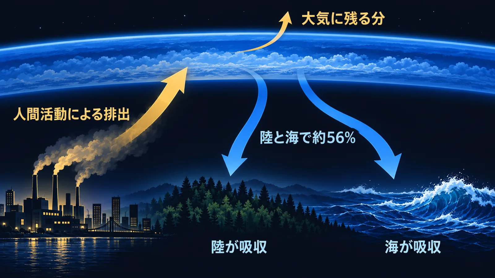 人間活動が出した二酸化炭素のうち陸と海が約56%を吸収し、残りが大気に残ることを示した流れ図