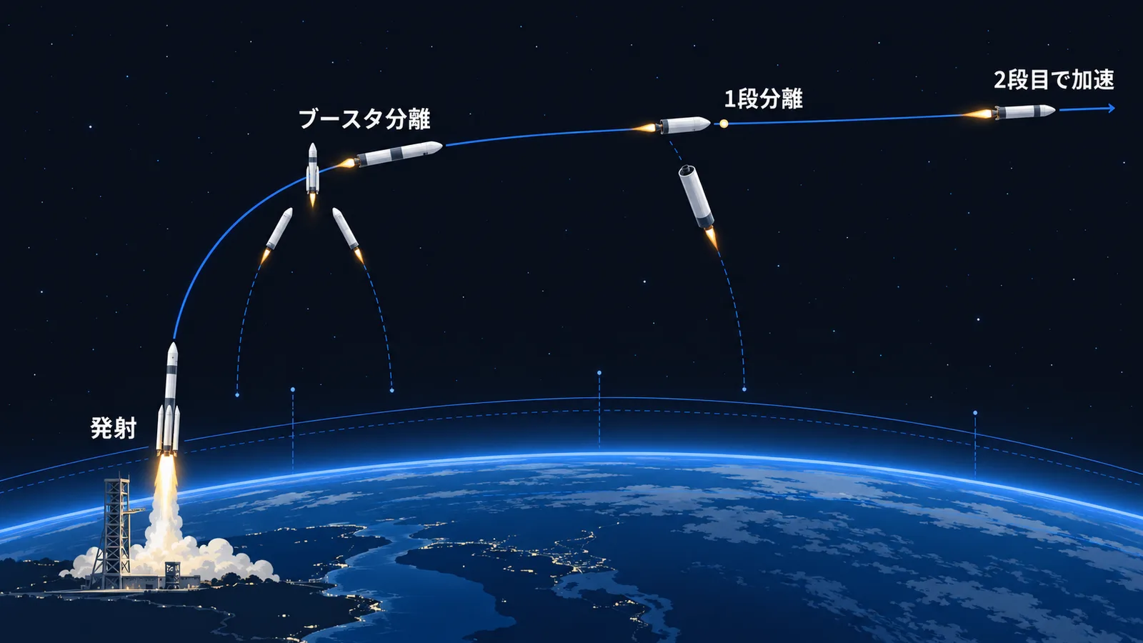 上昇から横向きの加速へ移る飛行経路と、ブースタ分離・1段分離・2段目の加速を示した図