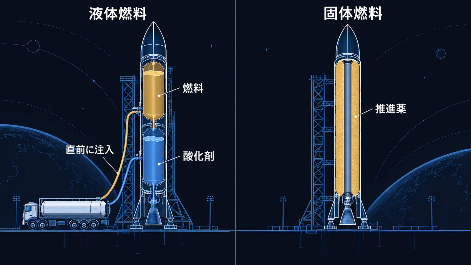 打ち上げ直前にタンクへ注入する液体燃料ロケットと、推進薬を詰めておく固体燃料ロケットの比較図