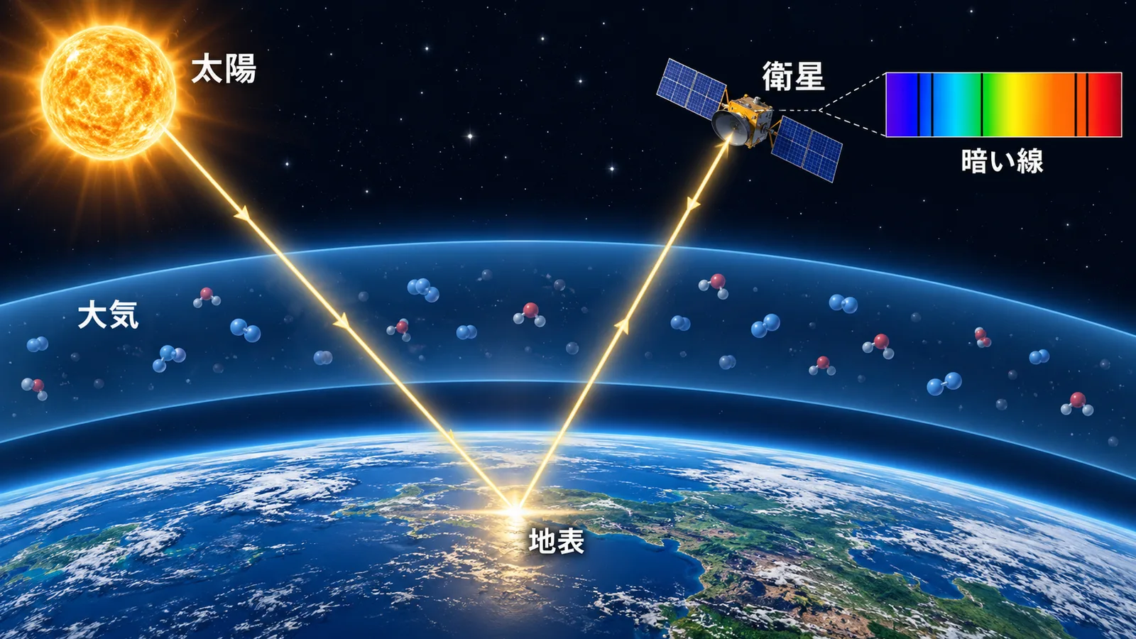 太陽の光が大気を通って地表で反射し衛星へ届き、光の帯に暗い線が現れる仕組みの図
