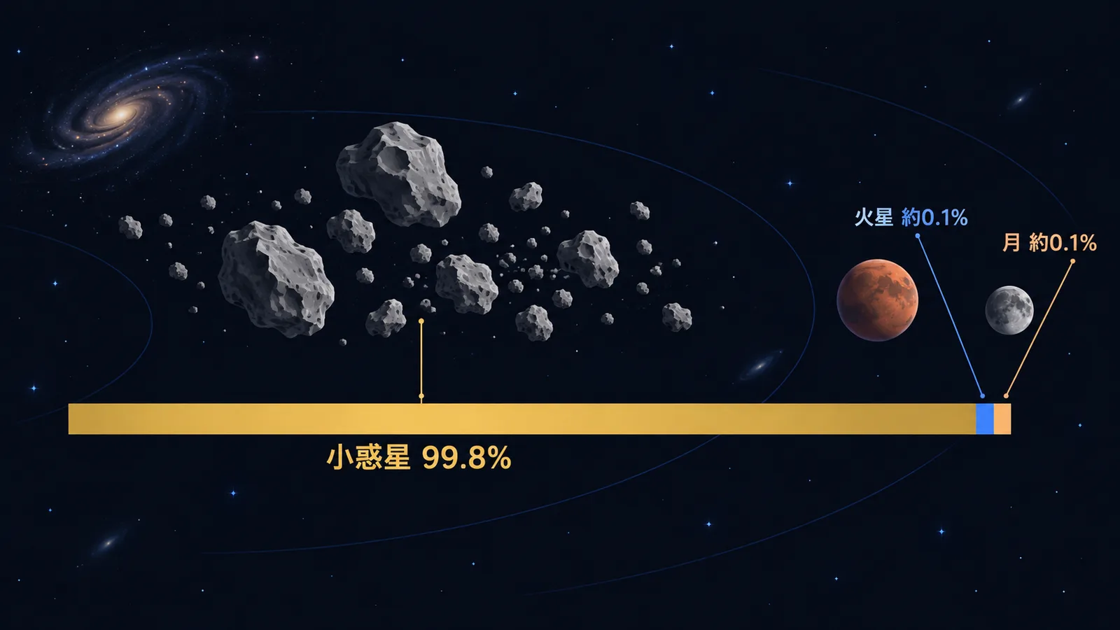 隕石の由来を示す帯グラフ。小惑星が99.8%、火星と月がそれぞれ約0.1%