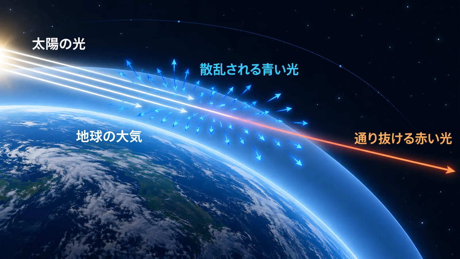 地球の大気で青い光が散乱され、赤い光が通り抜ける様子の図