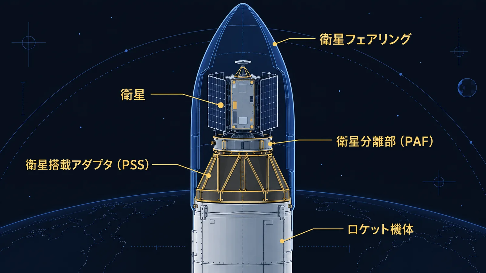 フェアリング内部の断面図。下からロケット機体、衛星搭載アダプタ、衛星分離部、衛星の順に積み重なる構成を示す