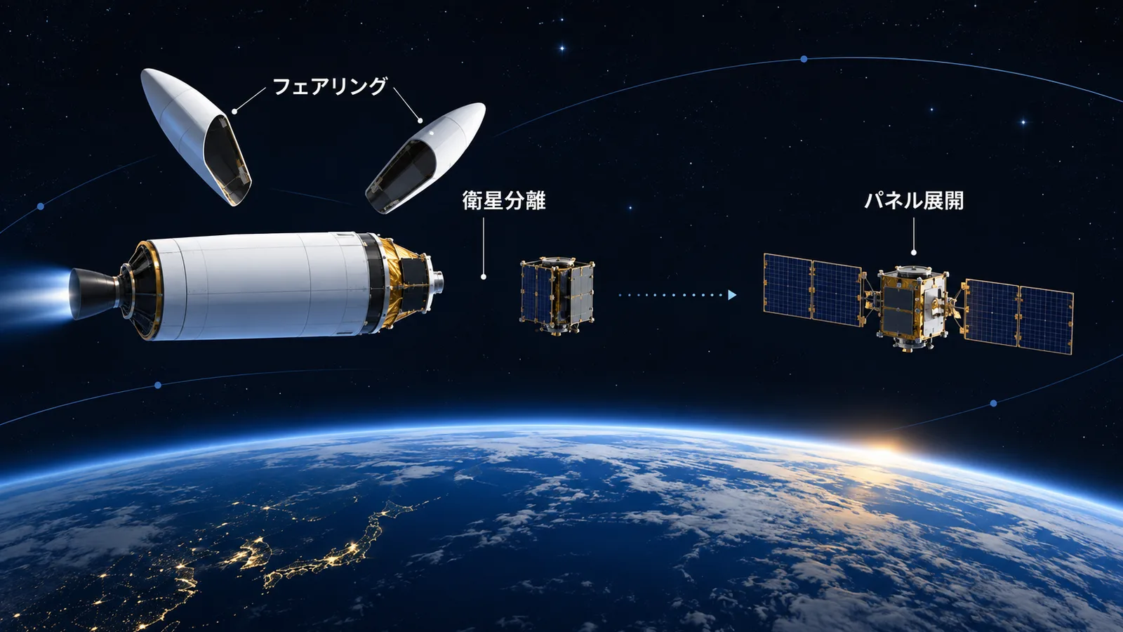 フェアリングの分離、衛星分離、太陽電池パネルの展開の流れを示した図