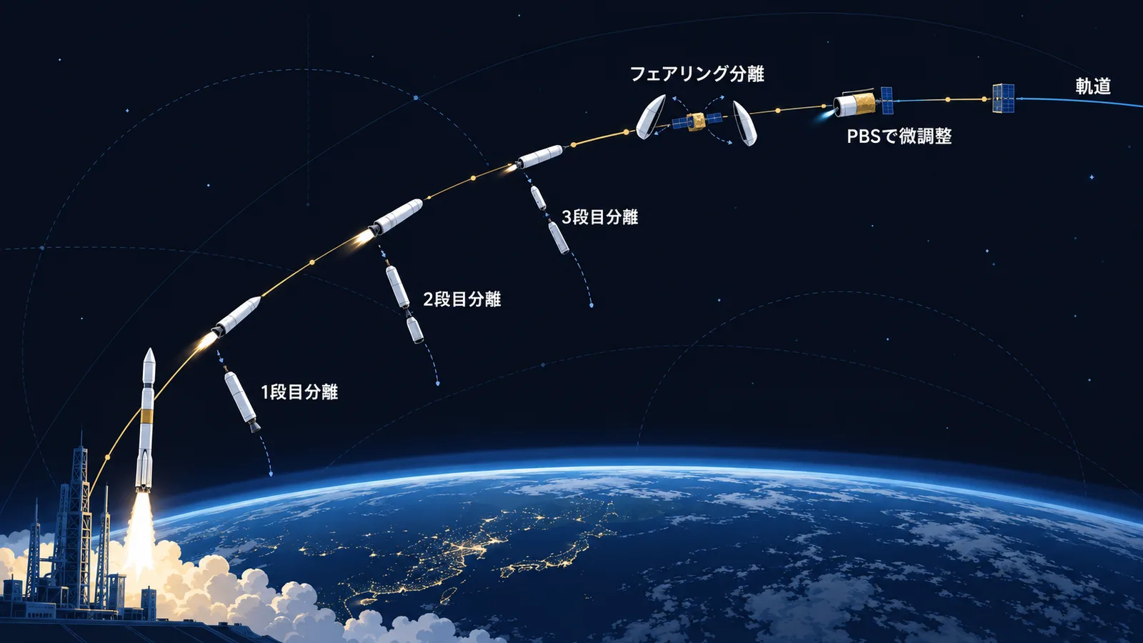 固体燃料の各段が順に分離し、最後にPBSが衛星を軌道へ微調整して届ける飛行の流れ
