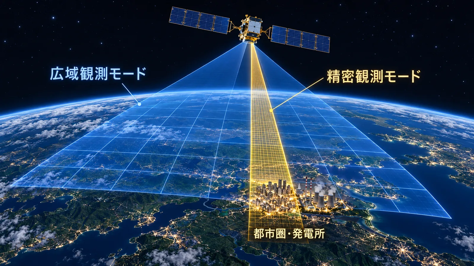 衛星が広い範囲を粗く見る観測と、都市や発電所を狭く細かく見る観測を行う様子の図