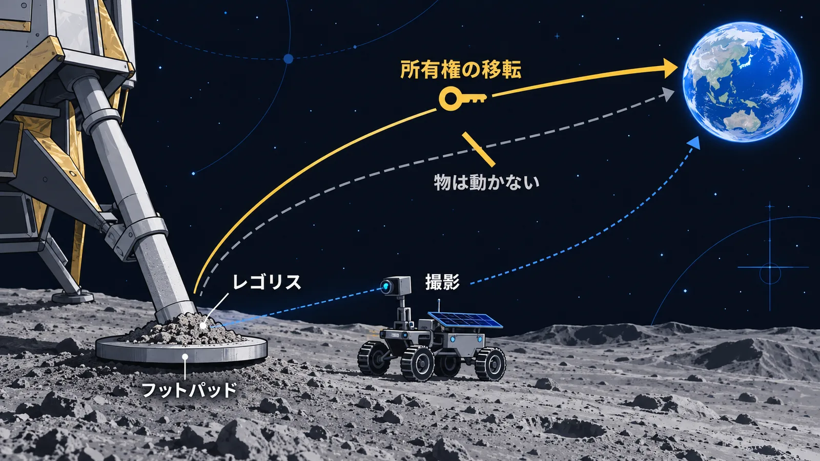 着陸脚のフットパッドに積もったレゴリスを撮影し、物を動かさないまま所有権だけを移す取引の流れを示した図解