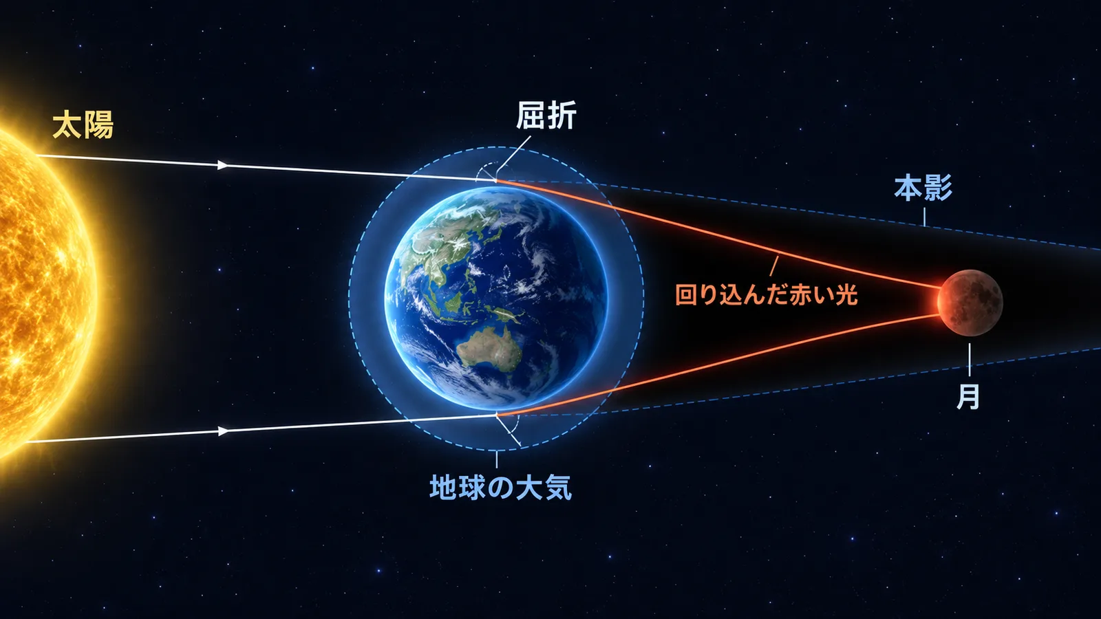 地球の大気で屈折した赤い光が本影の内側へ回り込み、月を照らす様子の図
