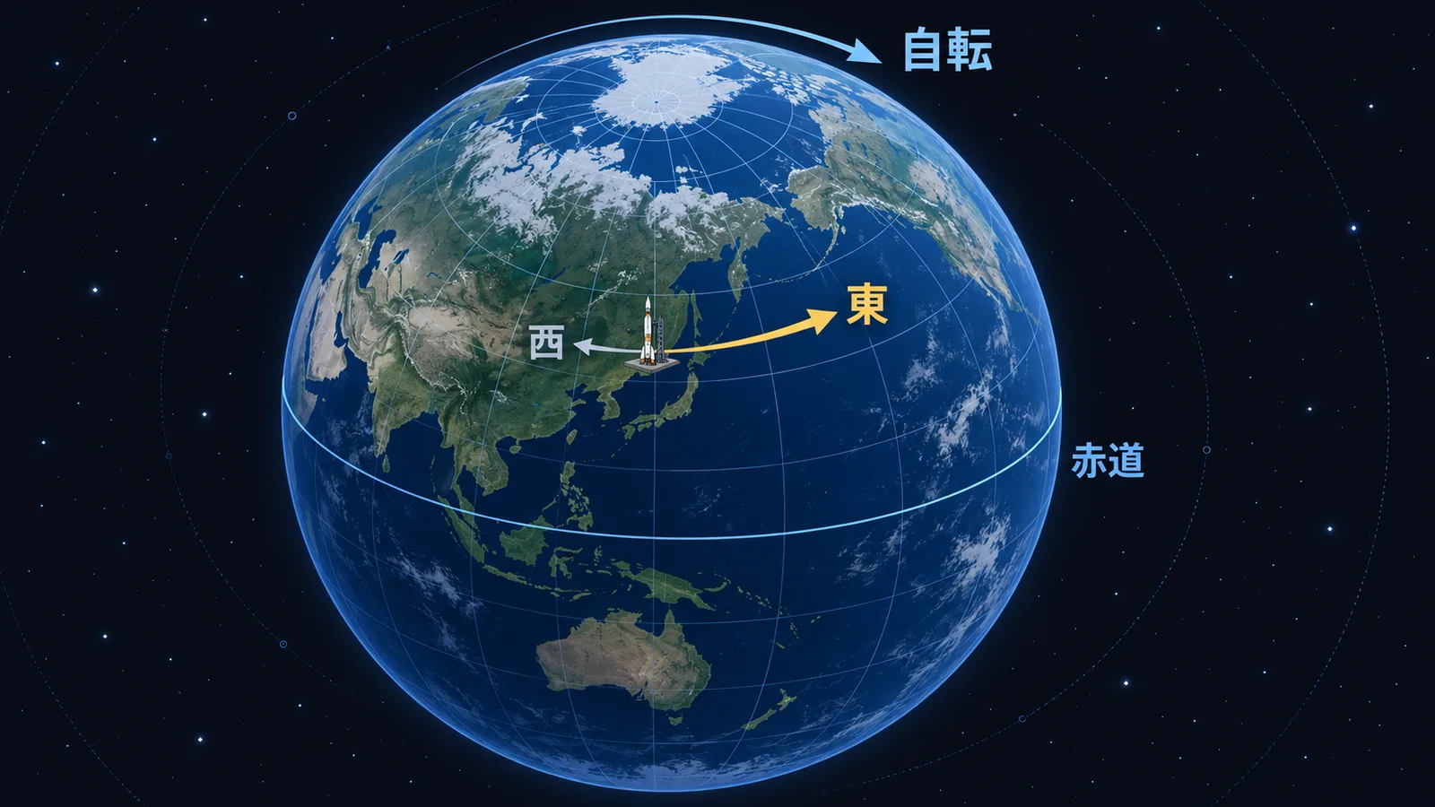 地球の自転の向きと、東向き・西向きの打ち上げ方向を比べた図