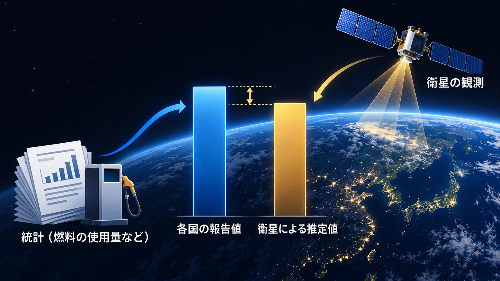 統計にもとづく各国の報告値と衛星観測による推定値を並べて比べる研究を示した図