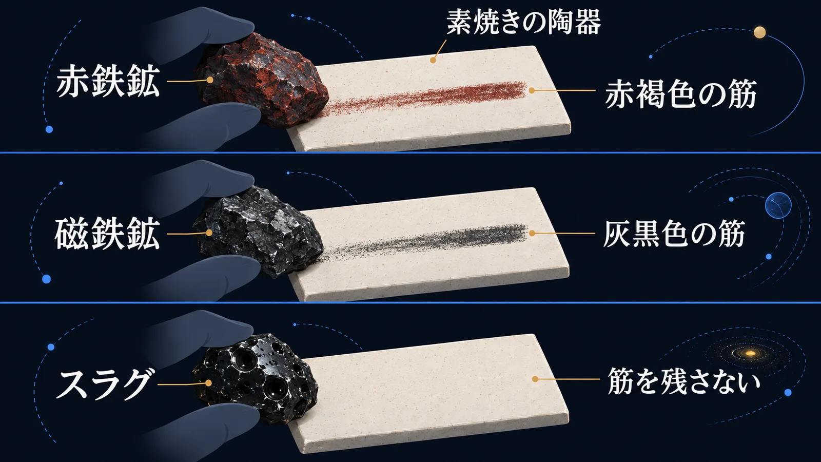 赤鉄鉱・磁鉄鉱・スラグを素焼きの面にこすった条痕テストの結果を並べた図