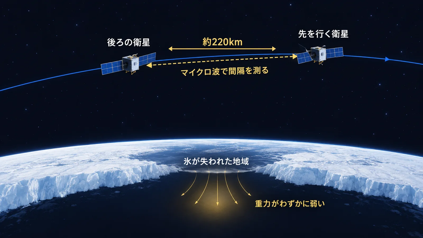 縦に並んだ2機の衛星がマイクロ波で間隔を測り、下にある氷の量の違いによる重力の変化を捉える仕組みの図