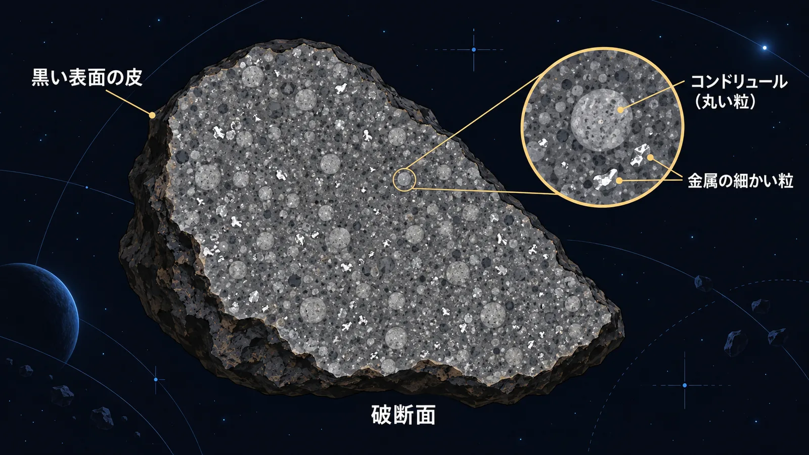 石質隕石の破断面に見える丸い粒と金属の粒を拡大して示した図
