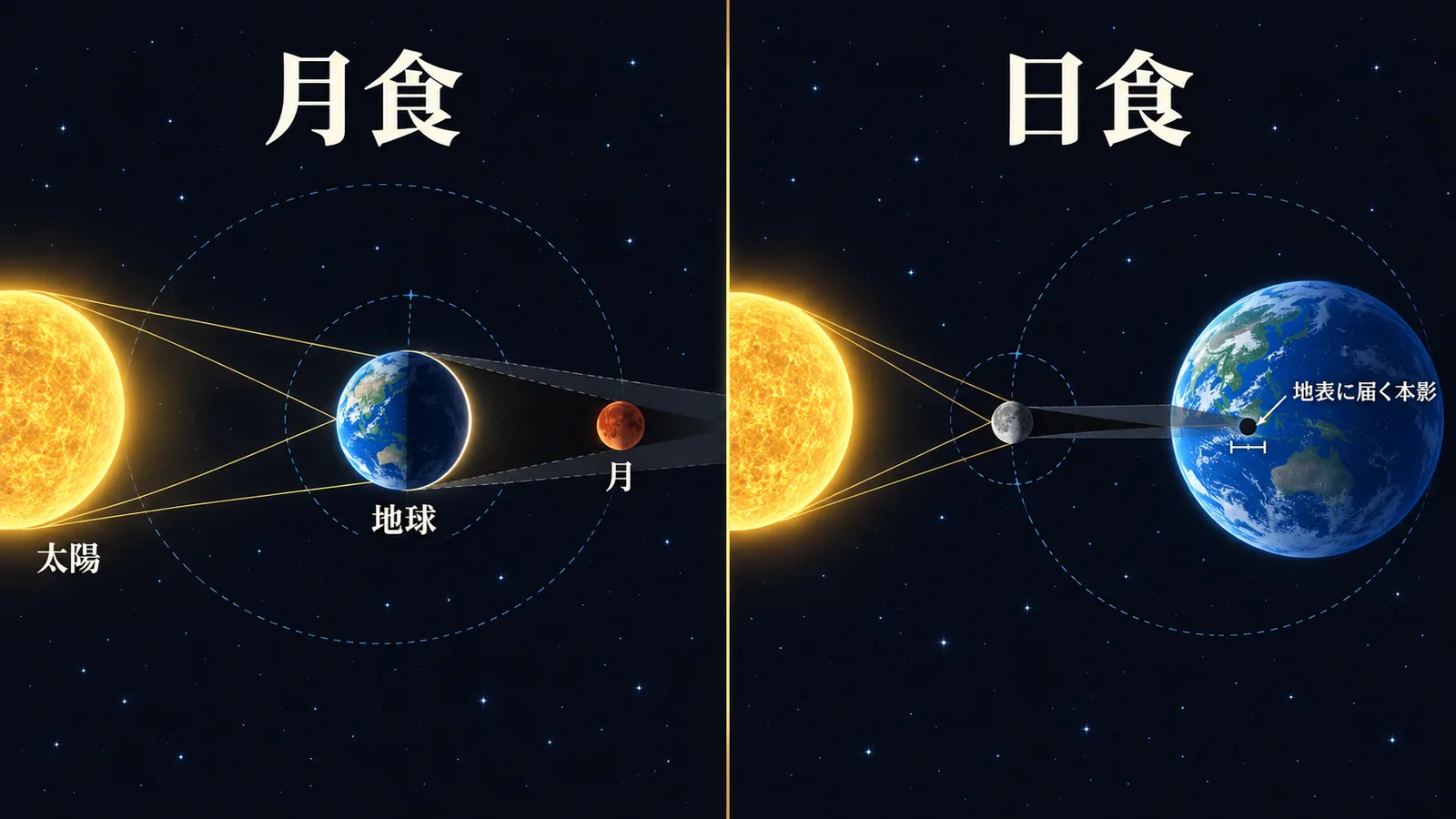 月食と日食の位置関係を並べて比べた2つの図
