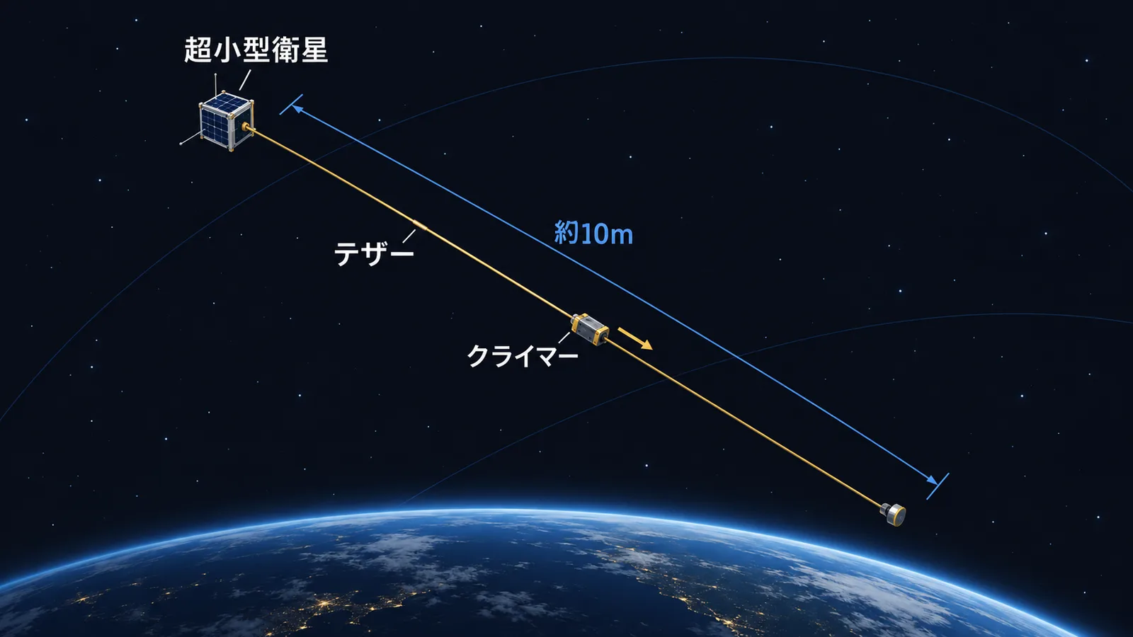 超小型衛星から約10mのテザーを伸ばし、その上を小型のクライマーが昇降する軌道上実験の構成図