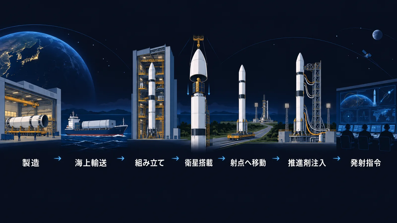製造、海上輸送、組み立て、衛星搭載、射点への移動、推進剤注入、発射指令の順に並べた工程図