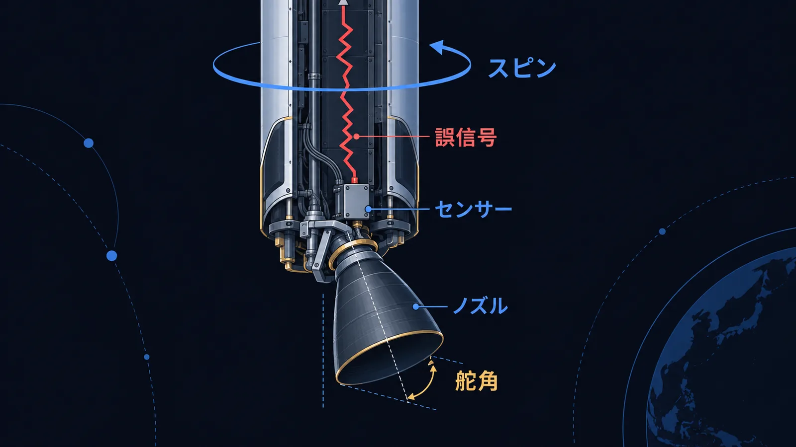 1段目ノズルの舵角センサーの誤信号でノズルが傾き、機体が回転する流れを示す図