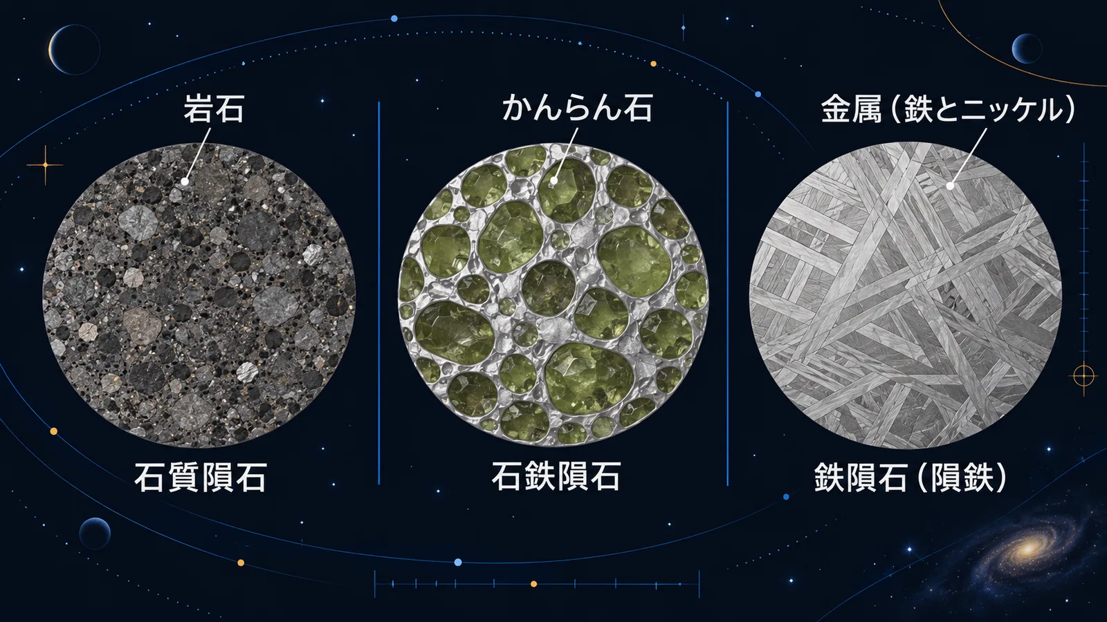 石質隕石・石鉄隕石・鉄隕石の断面を並べて比べた図