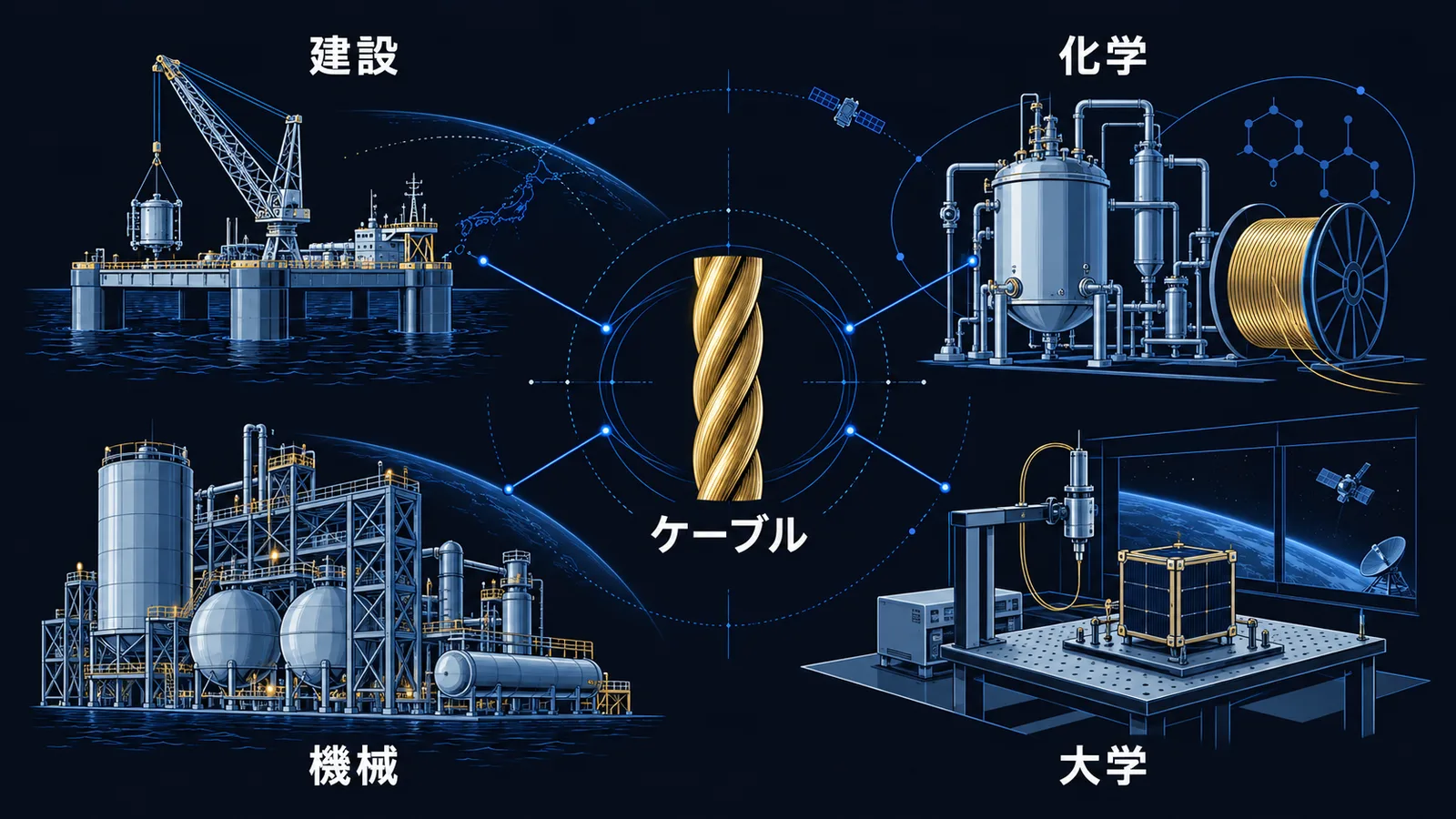 中心のケーブルに、建設・化学・機械・大学という異なる分野が線でつながっていることを示した関係図