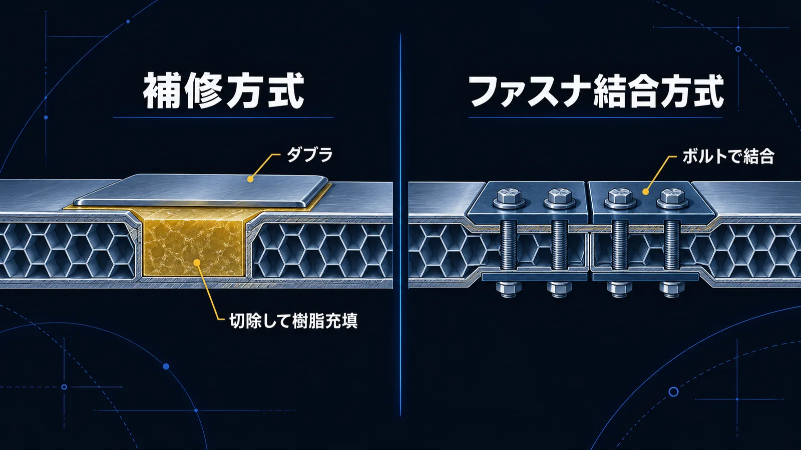 剥離部を切除して樹脂を充填しダブラで補強する補修方式と、ボルトで結合するファスナ結合方式を比べた断面図