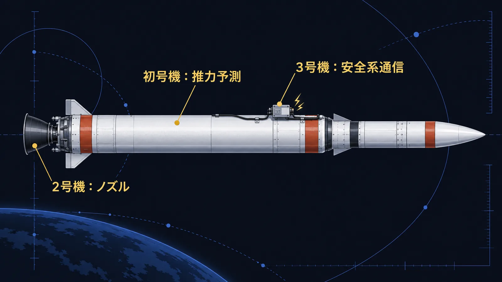 カイロスの初号機・2号機・3号機の飛行中断原因が機体の別々の箇所にあったことを示す図