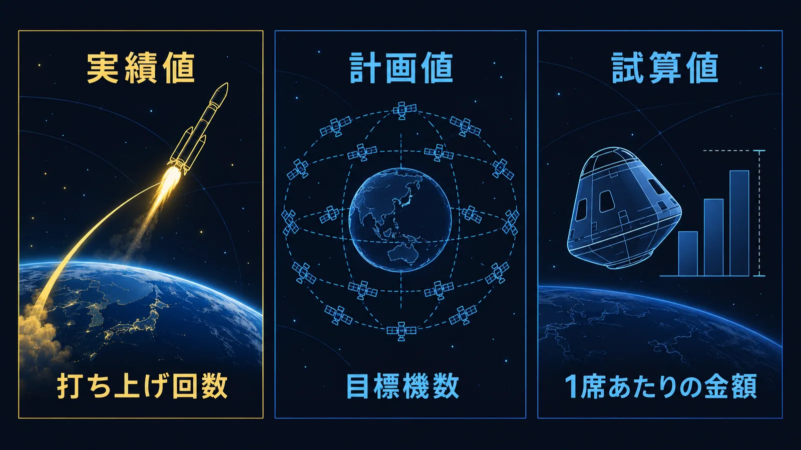 実績値・計画値・試算値の三区分と、それぞれの例を並べた図