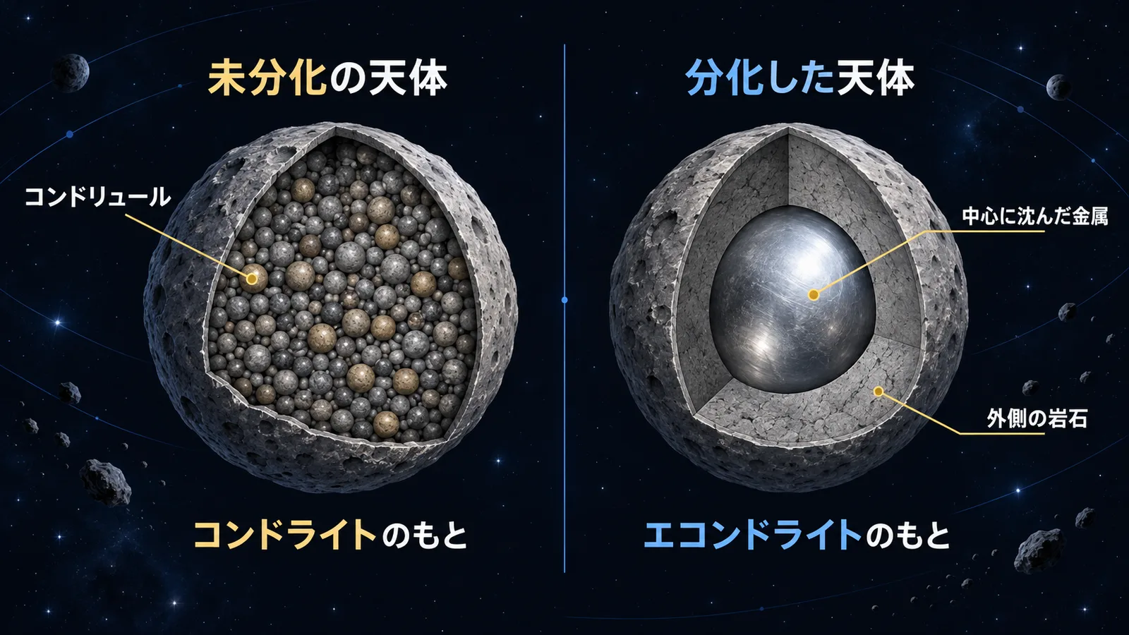 丸い粒が残る未分化の天体と、金属が中心に沈んだ分化した天体の内部を並べた図