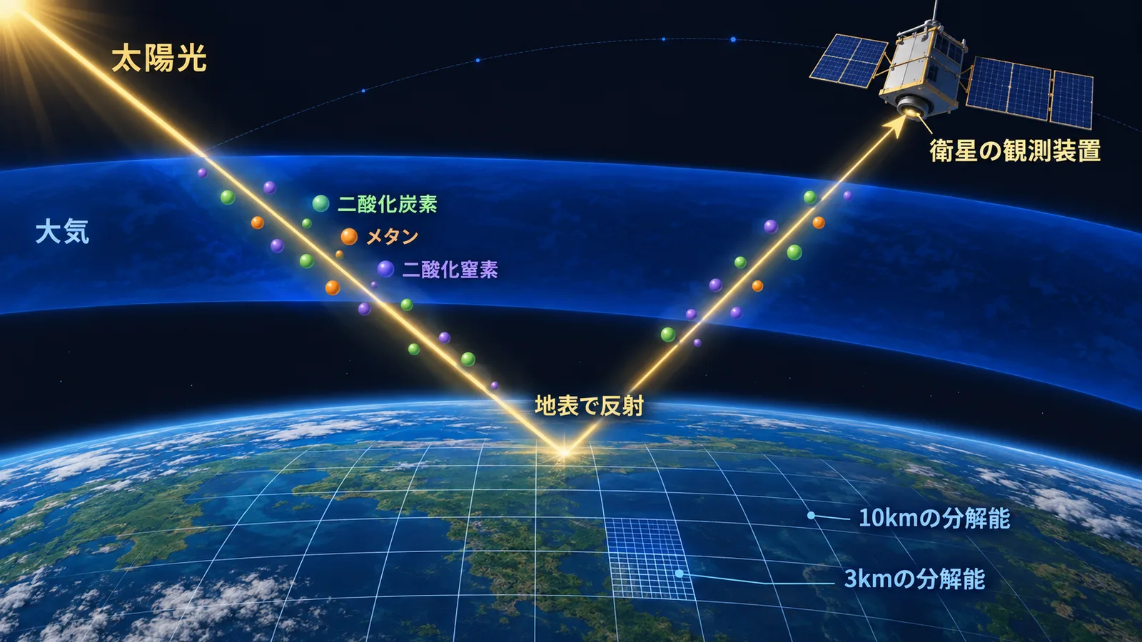 太陽光が大気を通って地表で反射し、衛星の観測装置に届くまでの経路と、観測の分解能の違いを示した図