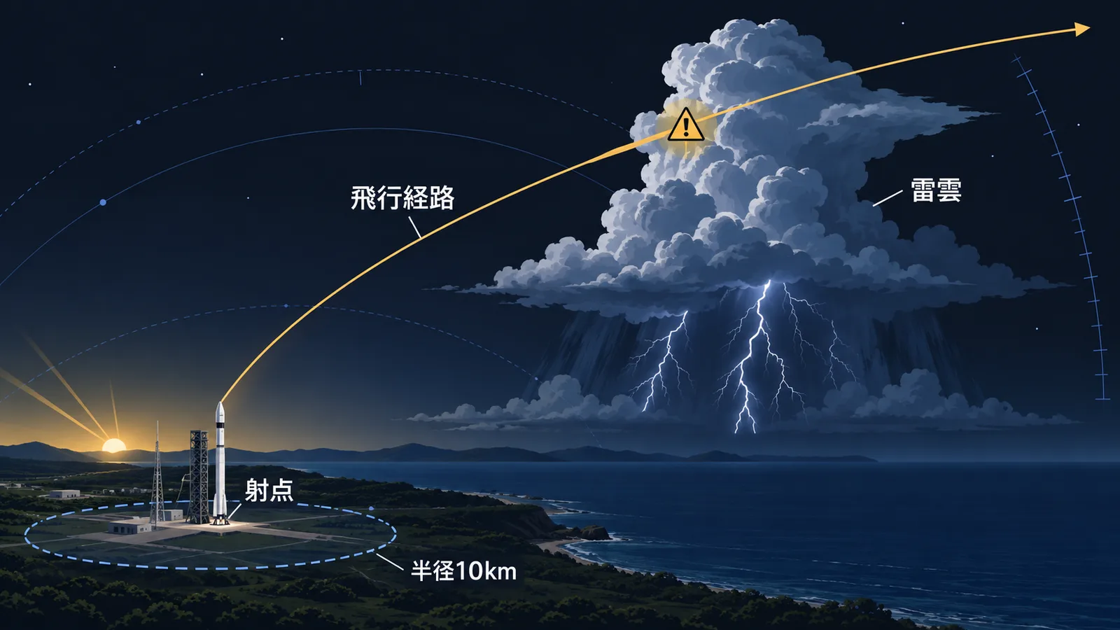 射点、飛行経路、雷雲の位置関係と、射点を中心とした半径10kmの範囲を示した図