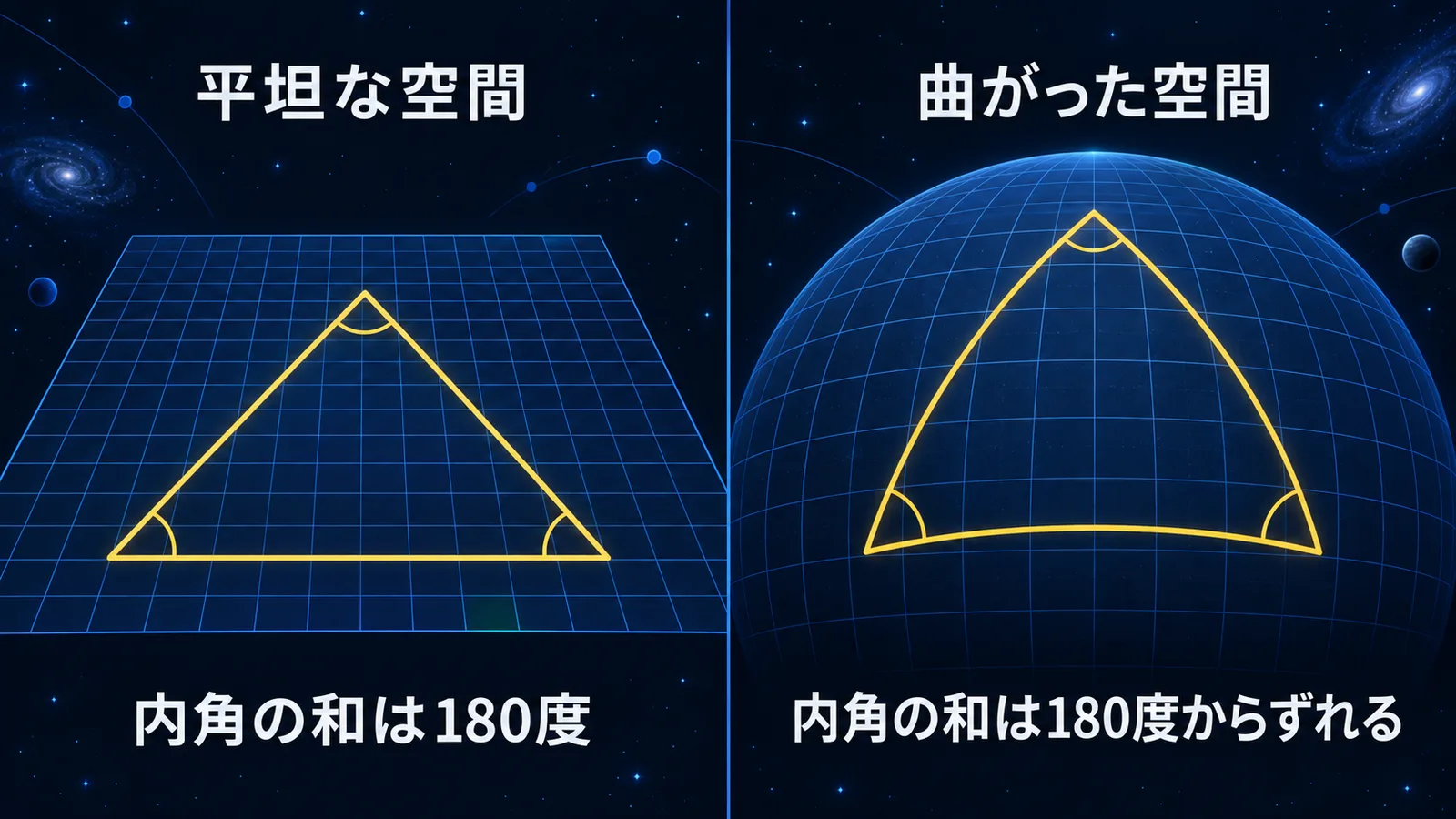 平らな面に描いた三角形と、曲がった面に描いた三角形を並べて、内角の和の違いを比べた図