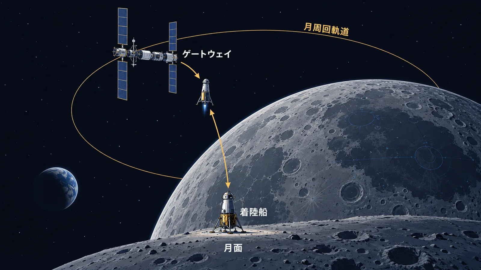 月周回軌道のゲートウェイと月面のあいだを着陸船が往復する構図の図解