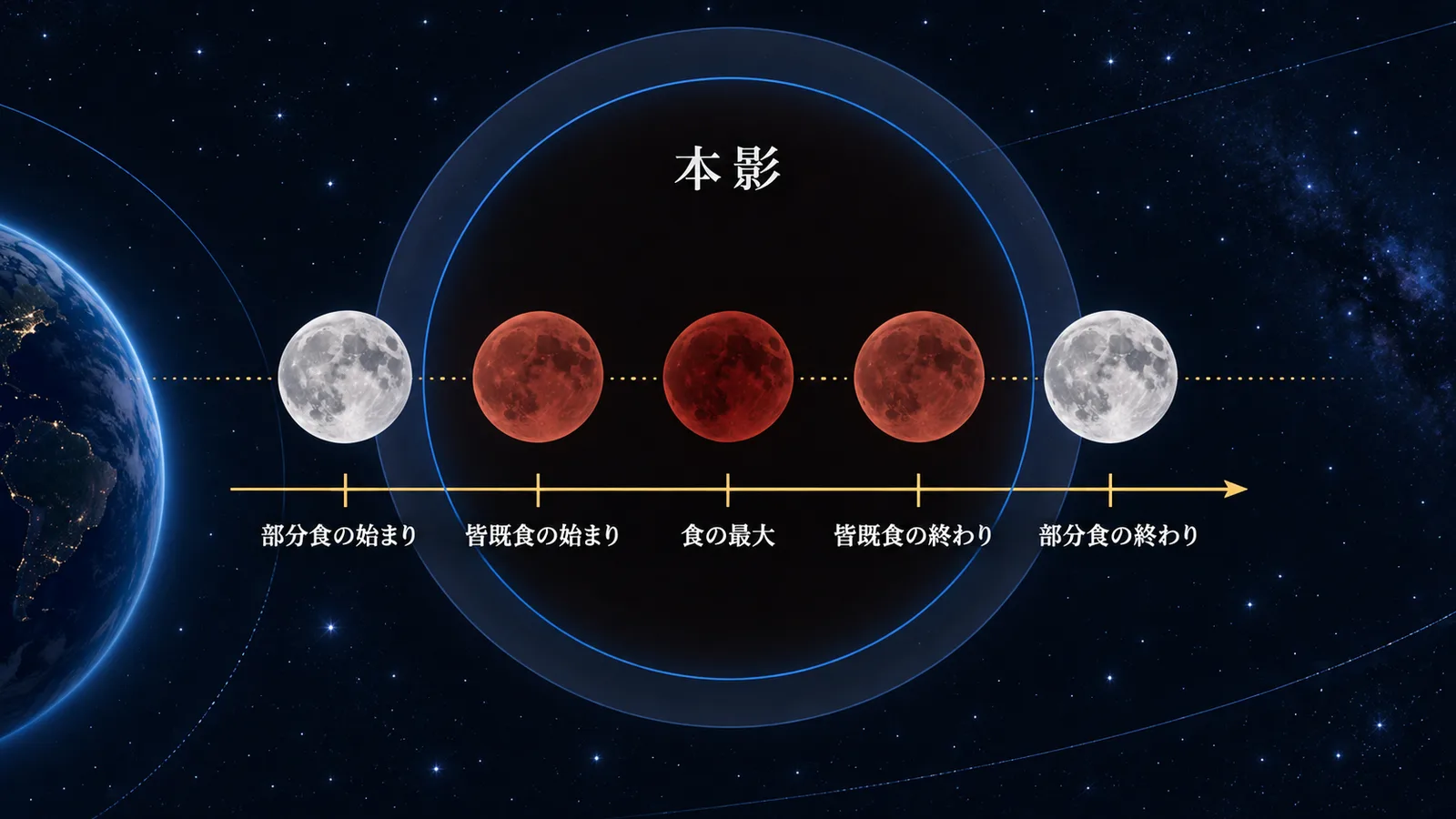 月が地球の本影を横切る5つの段階を並べた進行図