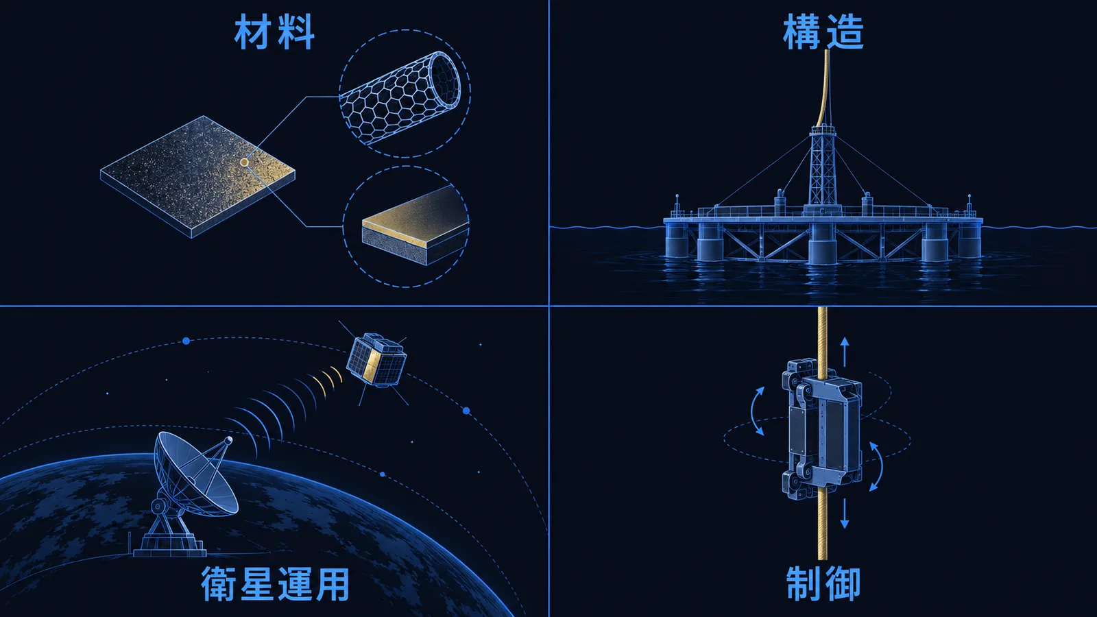 材料・構造・衛星運用・制御という4つの既存領域の仕事が、宇宙エレベーターの構想の中で使われていることを示した図