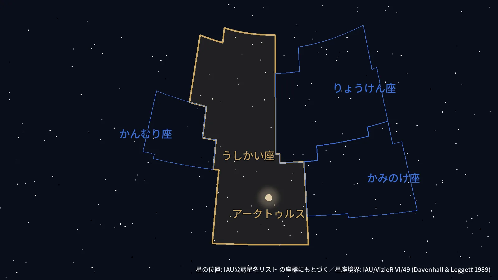 アークトゥルスと、うしかい座・かんむり座・りょうけん座・かみのけ座の星座境界を示した星図