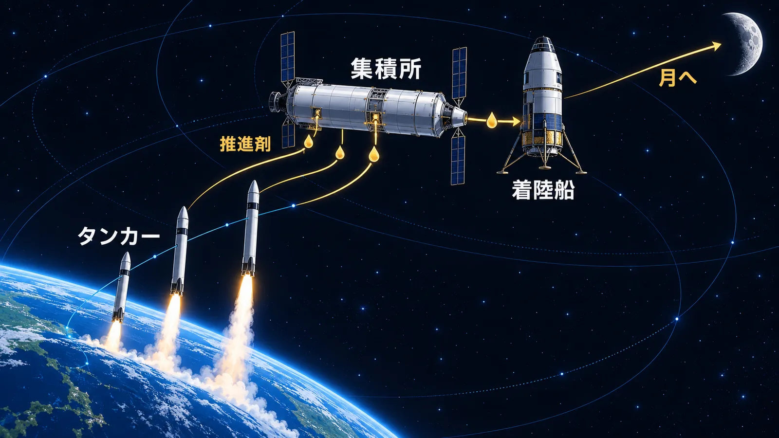 複数のタンカーが軌道上の集積所へ推進剤を運び、そこから月へ向かう着陸船へ移す工程の図解