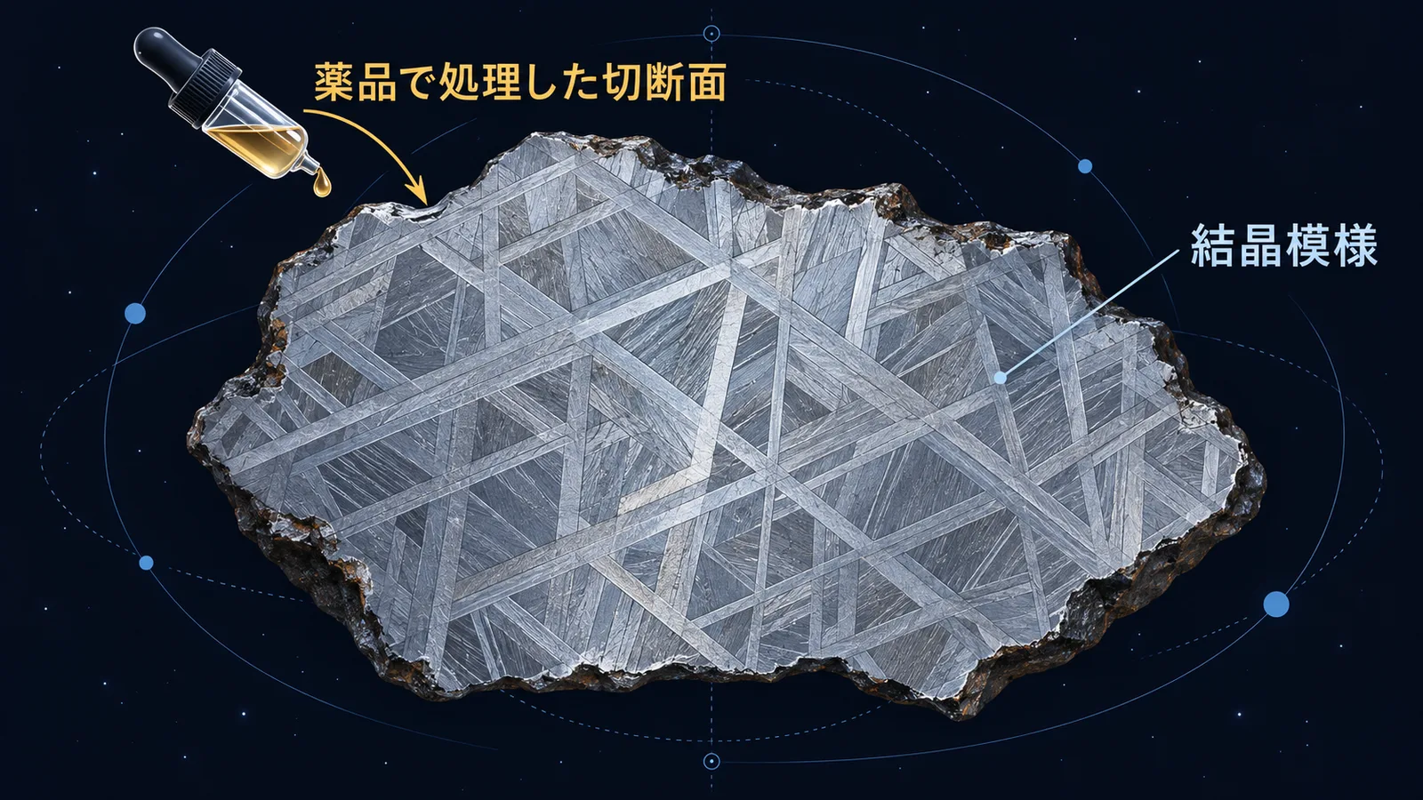 薬品で処理した鉄隕石の切断面に現れる交差した結晶模様の図