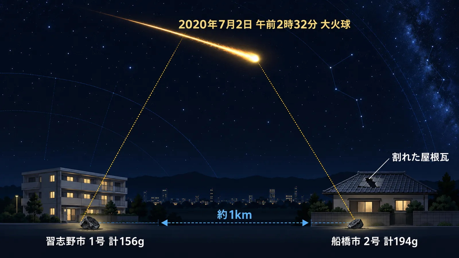 火球の光跡と、約1km離れた2か所で隕石が回収された経緯を示した図