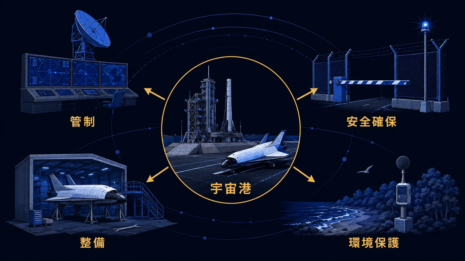 宇宙港を中心に管制・安全確保・環境保護・整備の4つの役割を配置した図解