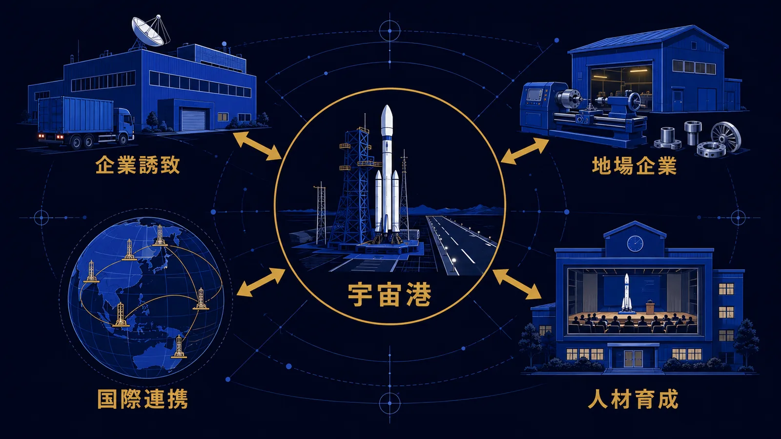 宇宙港を核にした企業誘致・地場企業の参入・人材育成・国際連携の広がりを示した図解