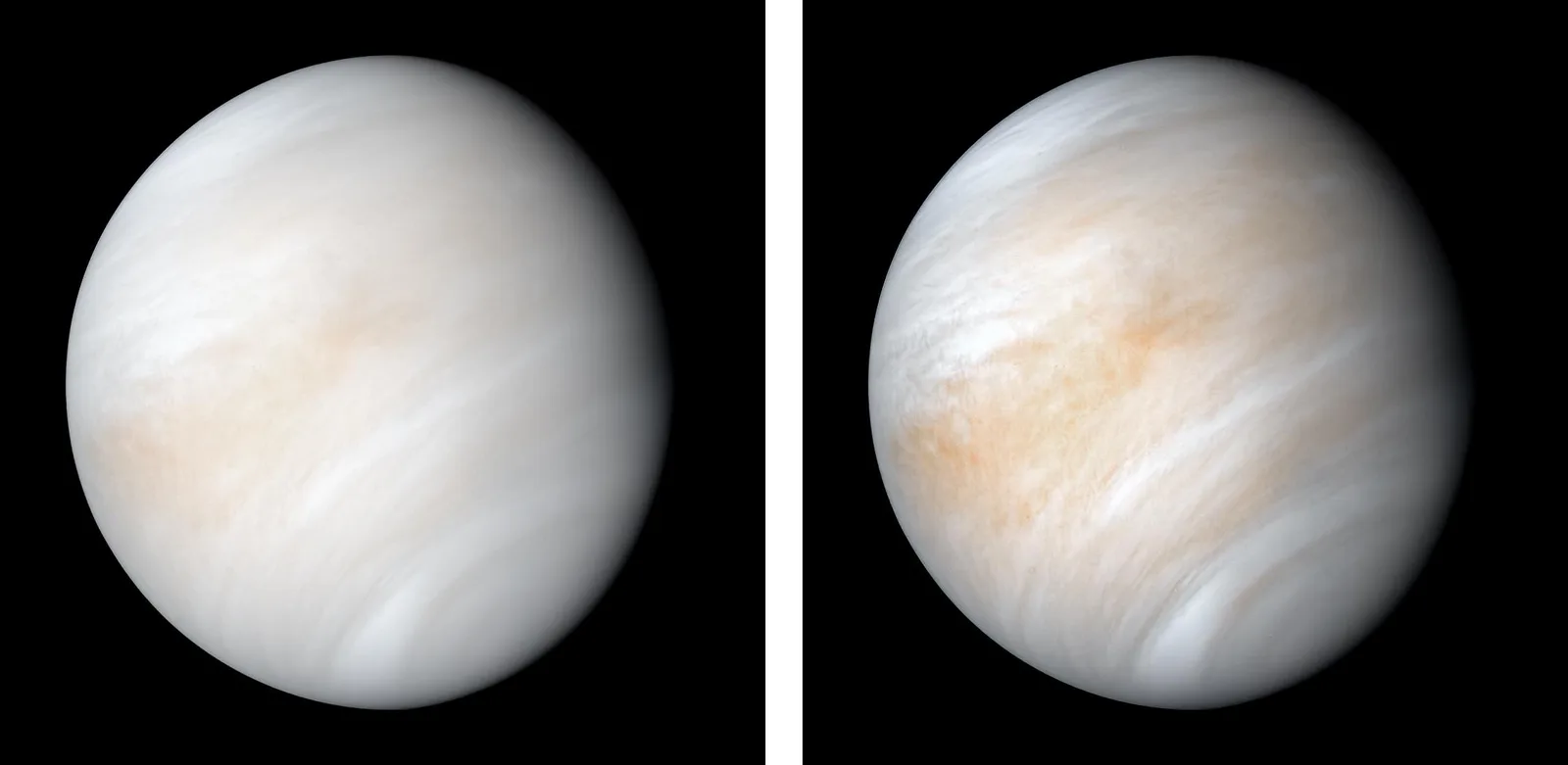 淡い黄白色の雲に全体が覆われた金星の姿