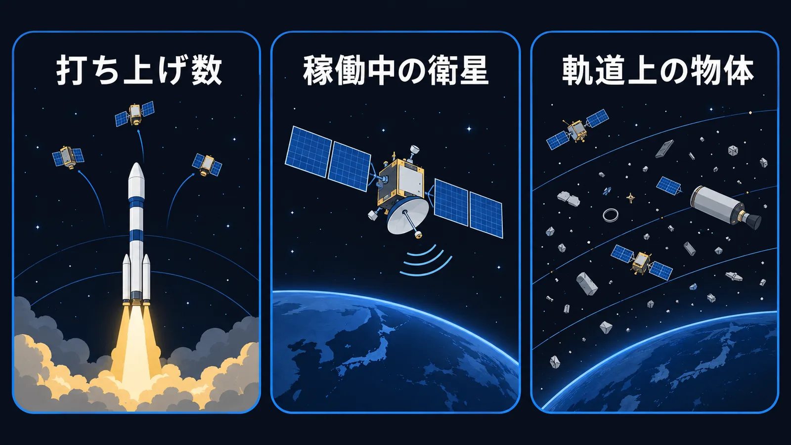 打ち上げ数・稼働中の衛星・軌道上の物体という3種類の数え方を、ロケット・稼働衛星・破片の散らばりの絵で並べた図