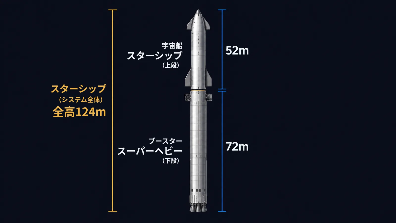 輸送システム全体のスターシップ（全高124m）と、上段の宇宙船スターシップ（52m）・下段のブースター スーパーヘビー（72m）の側面図