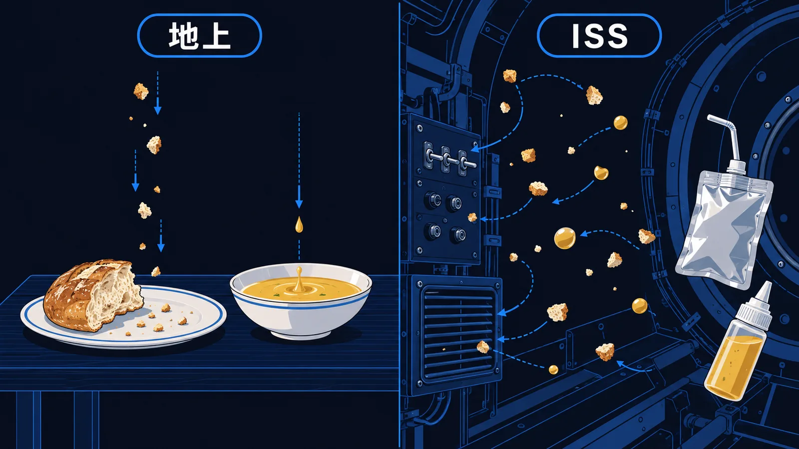 地上で食べ物のくずが下に落ちる様子と、ISSの中でくずやしずくが浮いて機器や換気口の方へ漂う様子の比較図