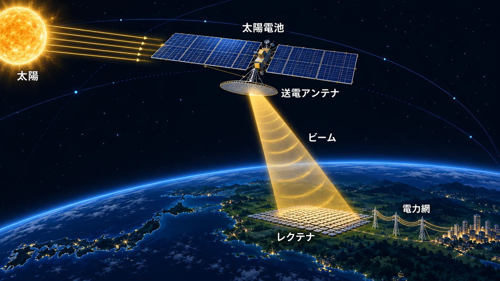太陽光を受けた宇宙の太陽電池から地上のレクテナへビームで電力を送り、電力網につなぐ流れの図