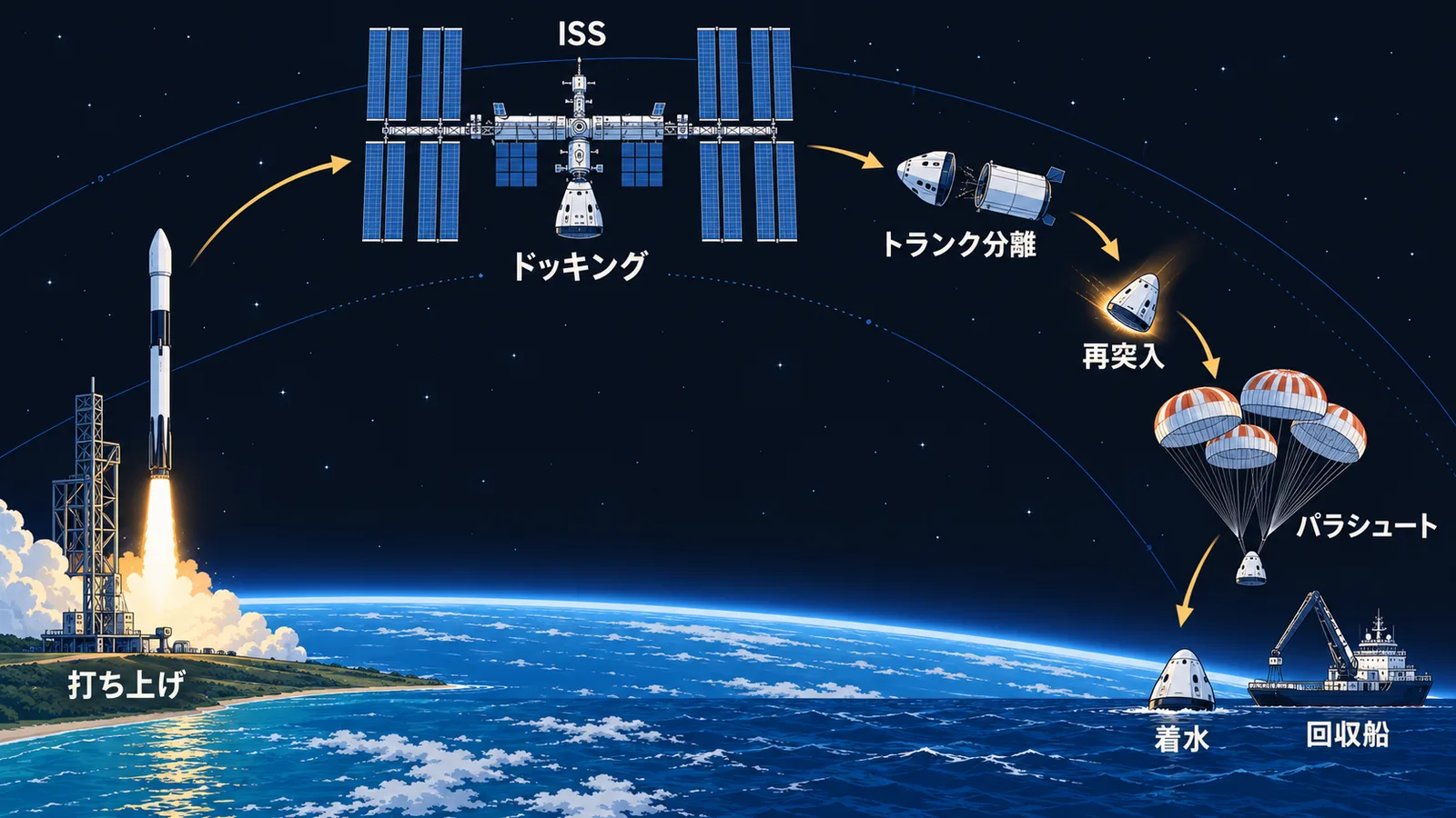 打ち上げからISSへのドッキング、トランク分離、再突入、パラシュート降下、着水、回収船での回収までを左から右へ示した流れ図