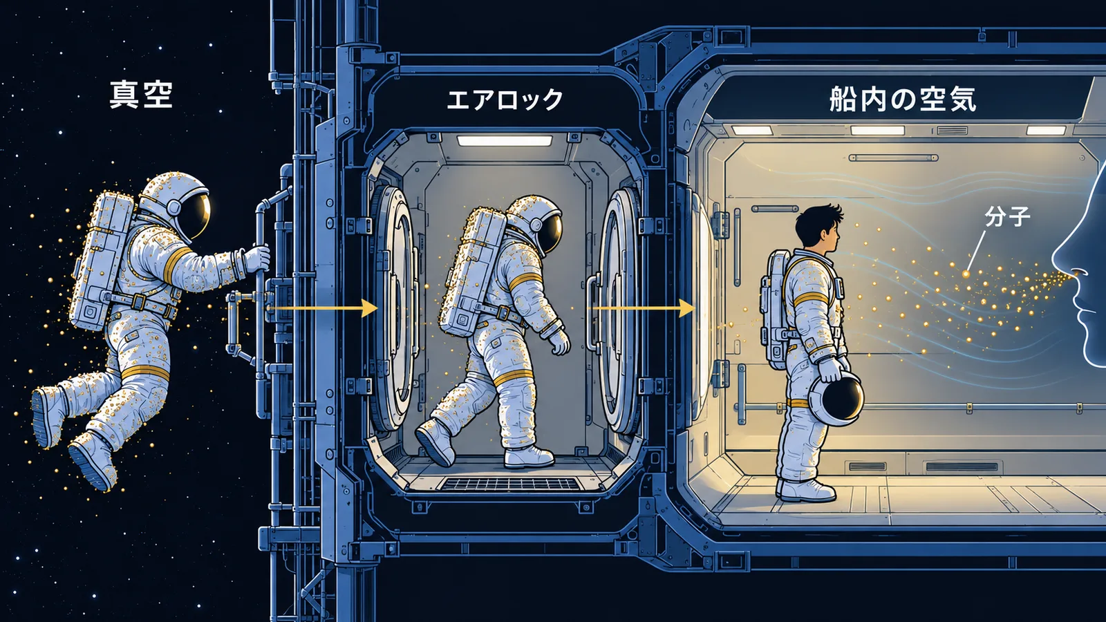 宇宙服に付いた分子が船外からエアロックを通って船内の空気中に漂う流れの図