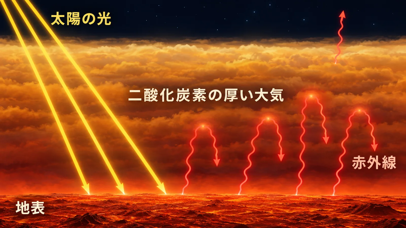 太陽光が地表を温め、地表からの赤外線が厚い大気に閉じ込められる様子の断面図