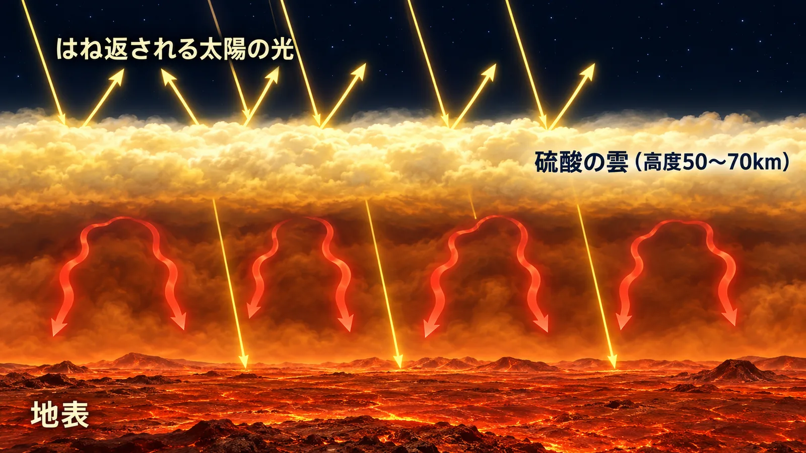 雲が太陽光をはね返しつつ、地表からの熱を下に閉じ込める金星大気の断面図